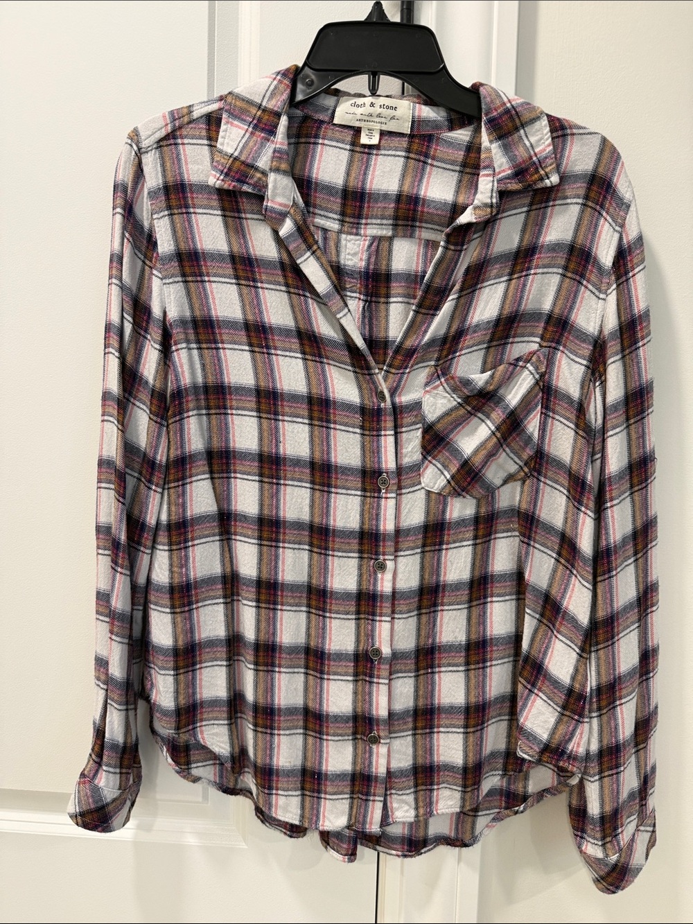cloth & stone White Plaid Button-Down Shirt with Navy & Burgundy Stripes